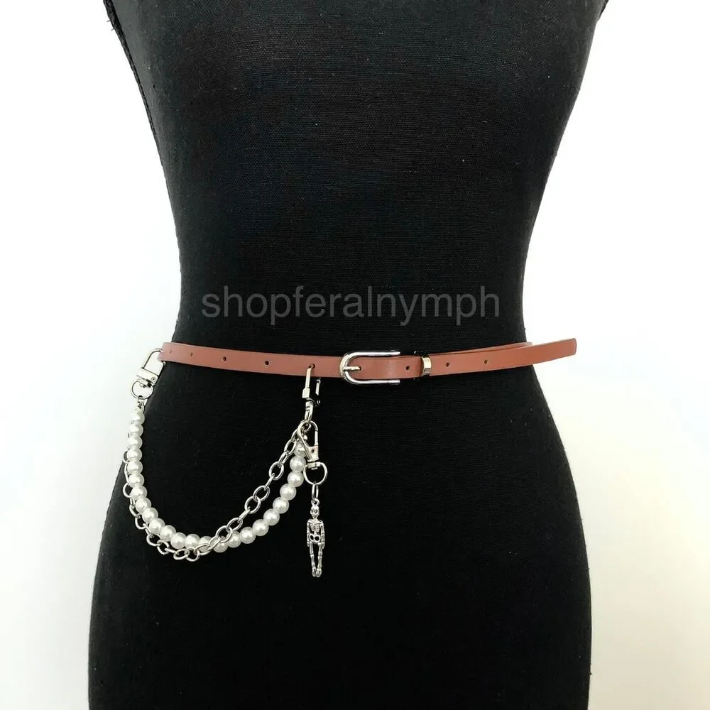 Vintage Y2K Whimsygoth Skeleton Pearl Chain Belt, Fits 33–36 Inches, X7GA1193